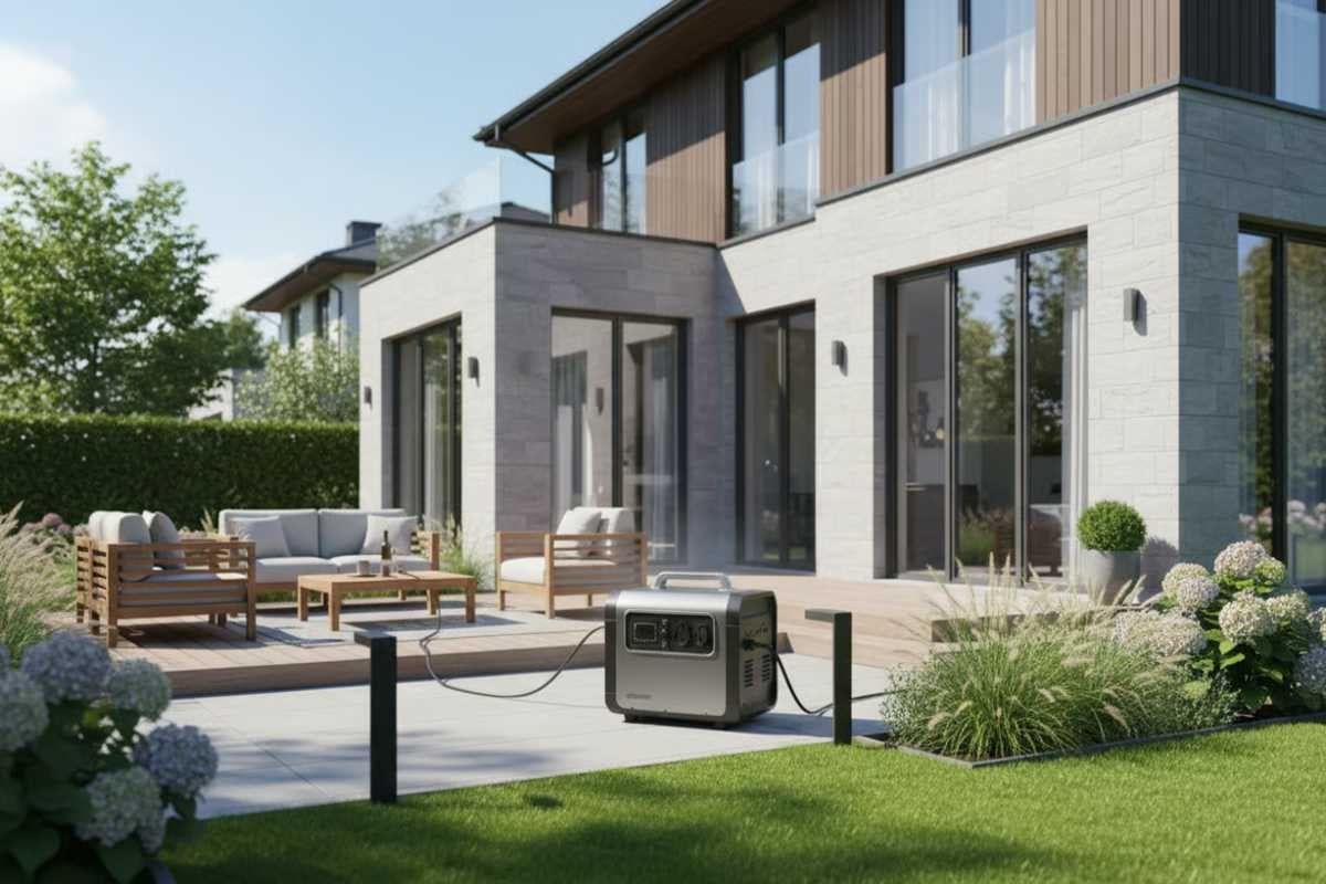 Terasa modernă cu zonă de relaxare și generator electric portabil