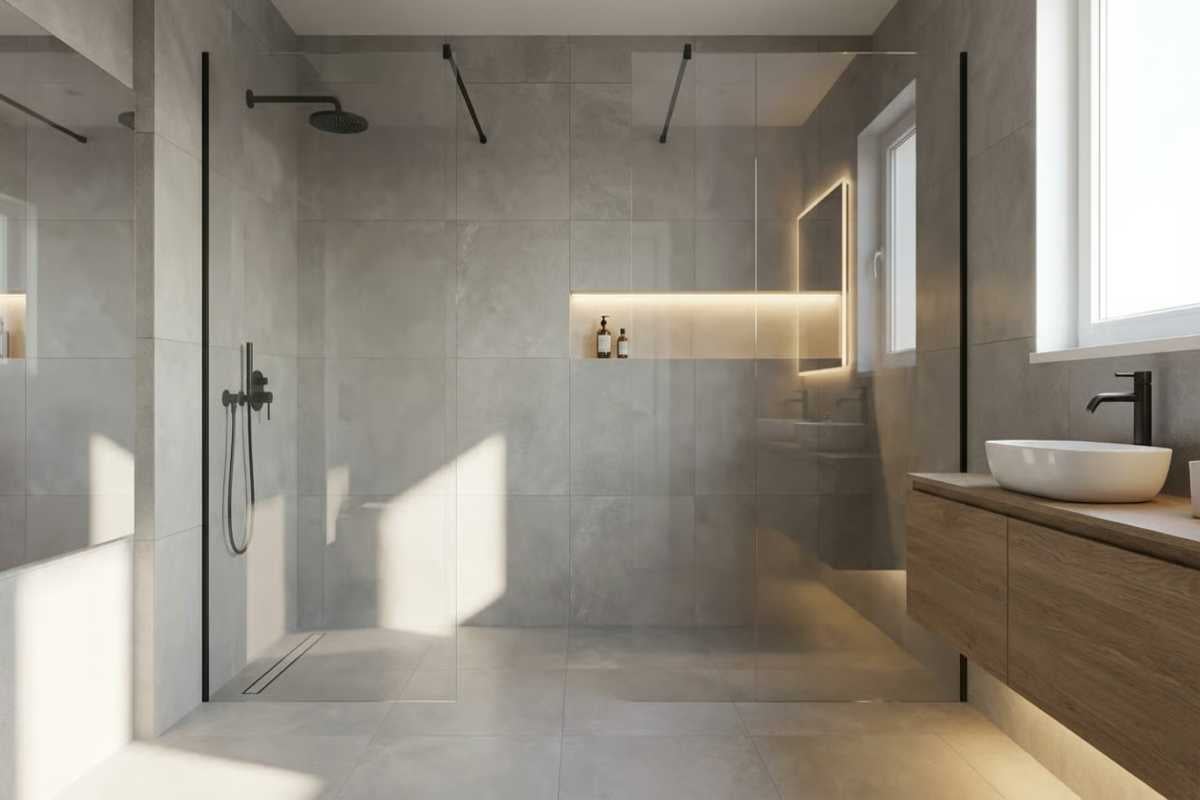 Baie modernă cu duș tip walk-in, perete de sticlă, baterii negre, gresie gri cu aspect de beton și corp de mobilier din lemn pentru lavoar.