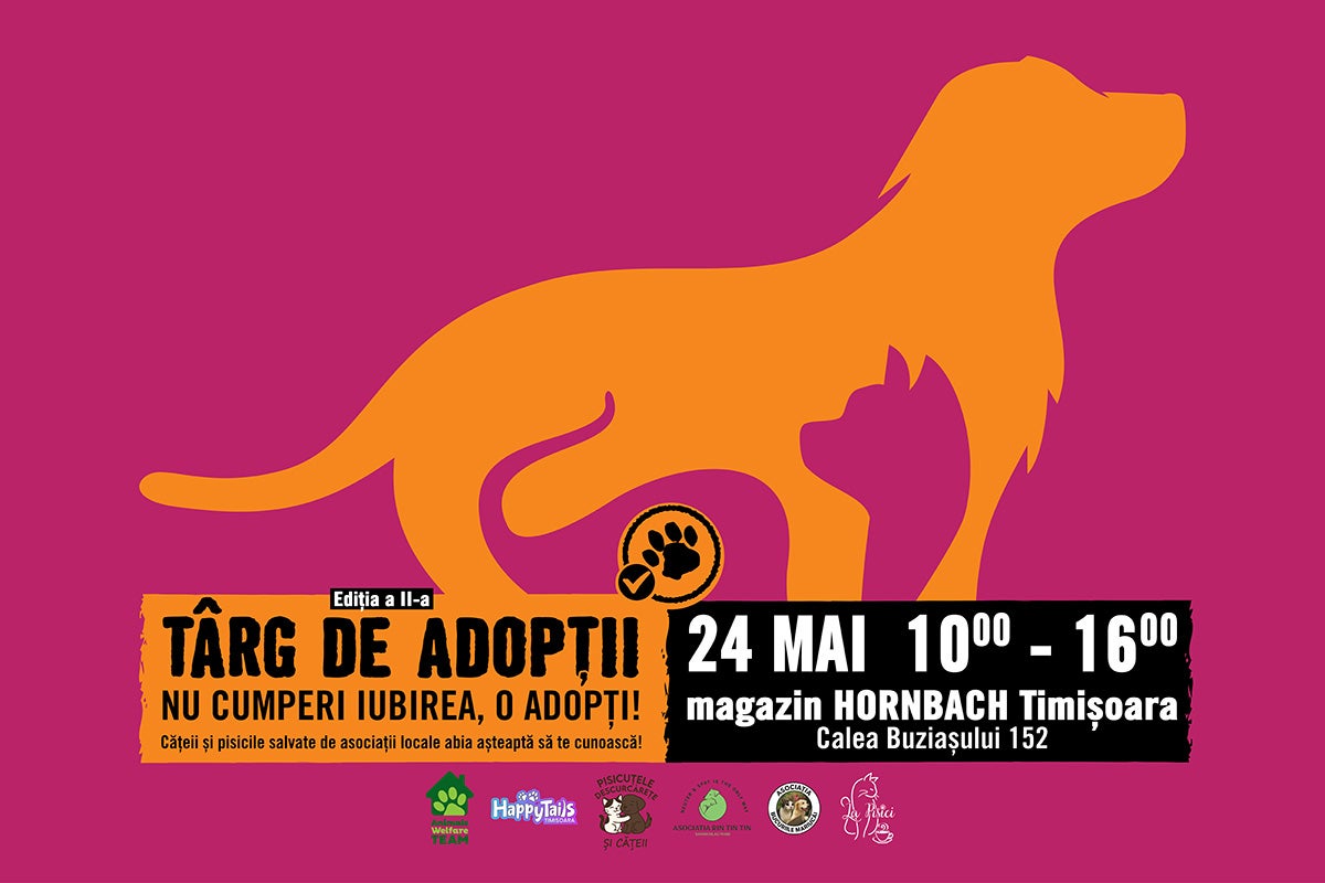 Afiș pentru târgul de adopții la Hornbach Timișoara pe 24 mai, între orele 10 și 16. Siluete de câine și pisică și logo-uri ale asociațiilor.