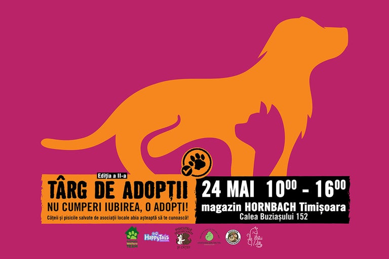 Afiș pentru târgul de adopții la Hornbach Timișoara pe 24 mai, între orele 10 și 16. Siluete de câine și pisică și logo-uri ale asociațiilor.