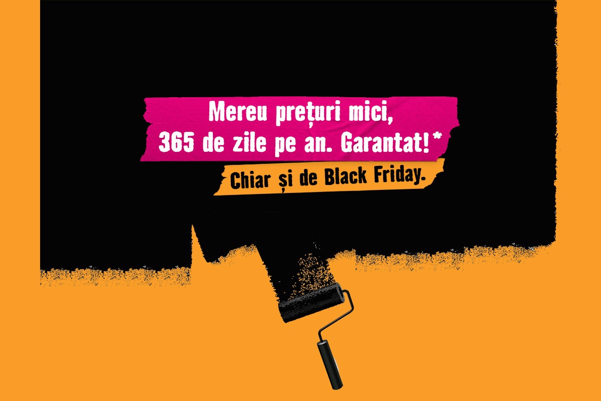 Advertising image featuring a paint roller and the text: Always low prices, 365 days a year. Guaranteed! Even on Black Friday.