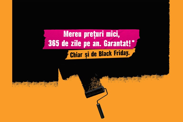 Advertising image featuring a paint roller and the text: Always low prices, 365 days a year. Guaranteed! Even on Black Friday.