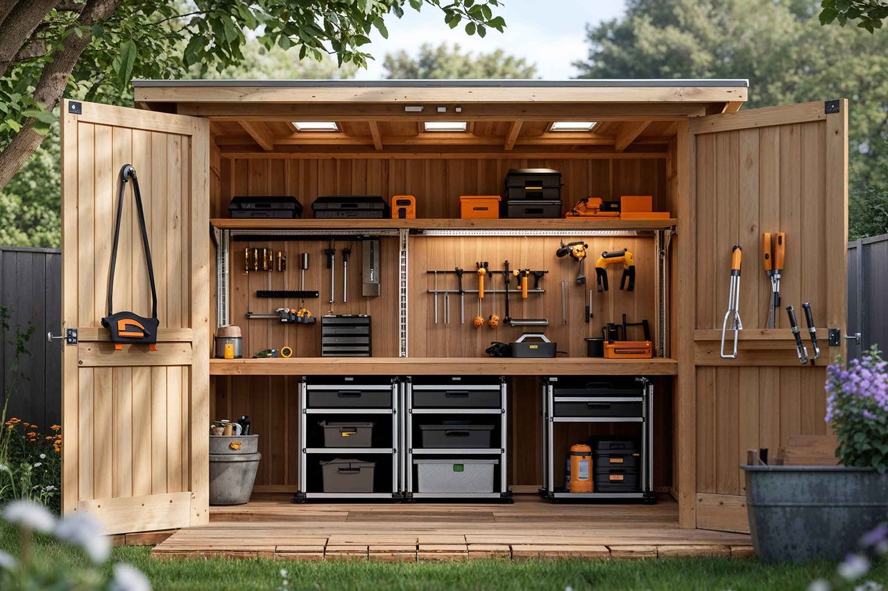 Șopron de scule deschis, din lemn, cu unelte și sisteme de depozitare pentru grădină.