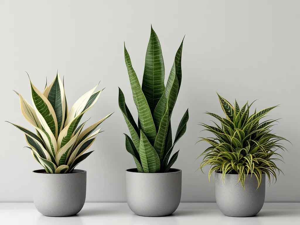 Trei plante Sansevieria diferite în ghivece gri