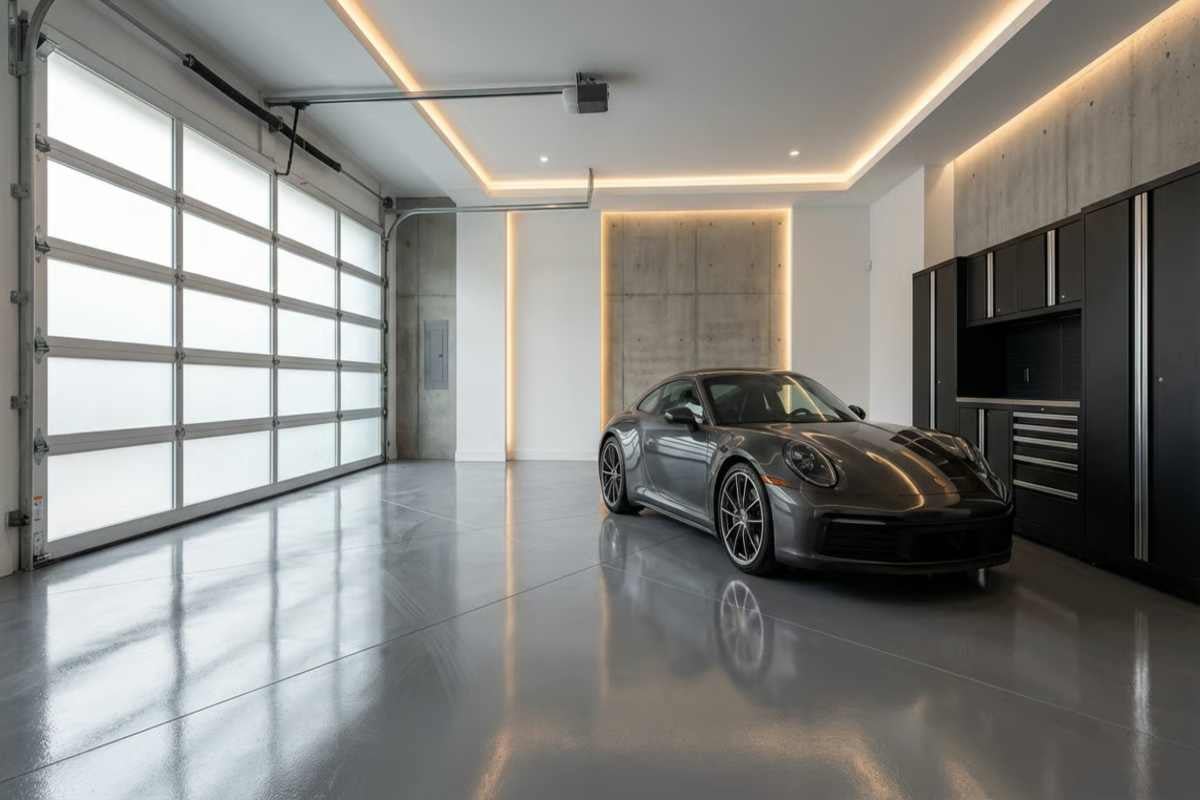 Garaj modern cu poartă secțională, mobilier de garaj și o mașină sport