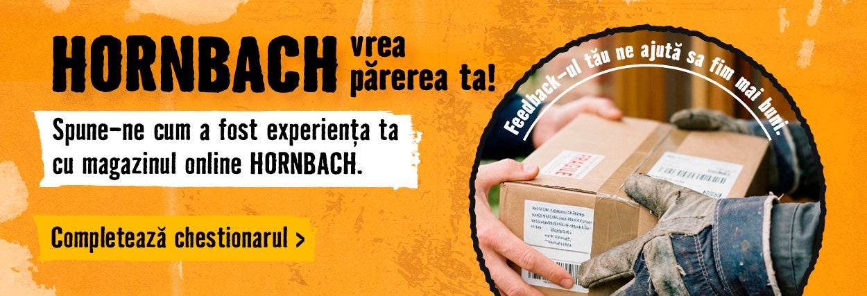 Logoul Hornbach și invitație de a evalua magazinul online. Mâini cu mănuși de lucru ținând un pachet.