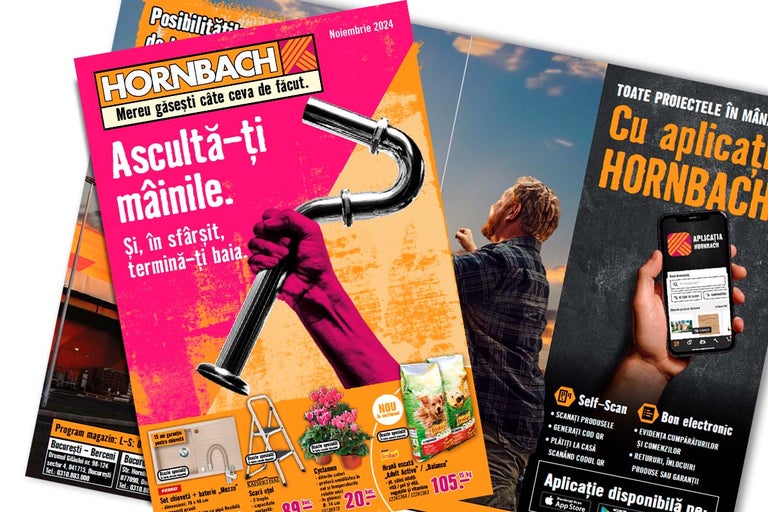 Mai multe pliante publicitare Hornbach cu informații despre promoții și aplicația Hornbach