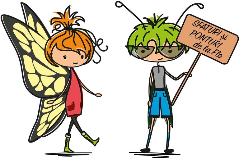 Ilustrație cu două personaje infantile, unul cu aripi de fluture, celălalt cu un semn