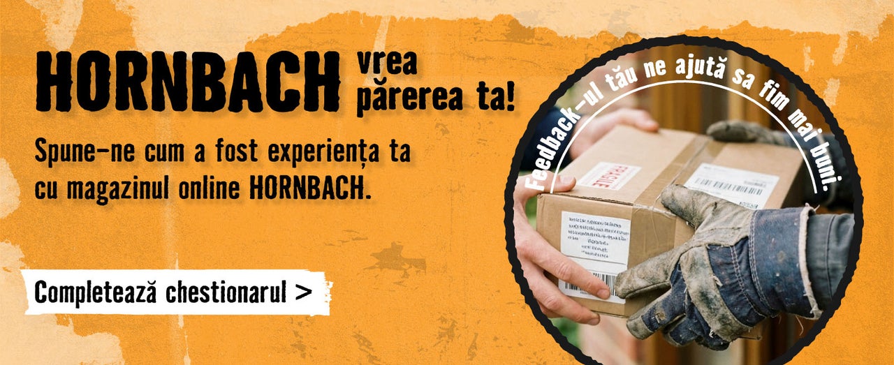 Chestionar HORNBACH pentru feedback privind magazinul online, cu imaginea unui colet ținut în mănuși de lucru.