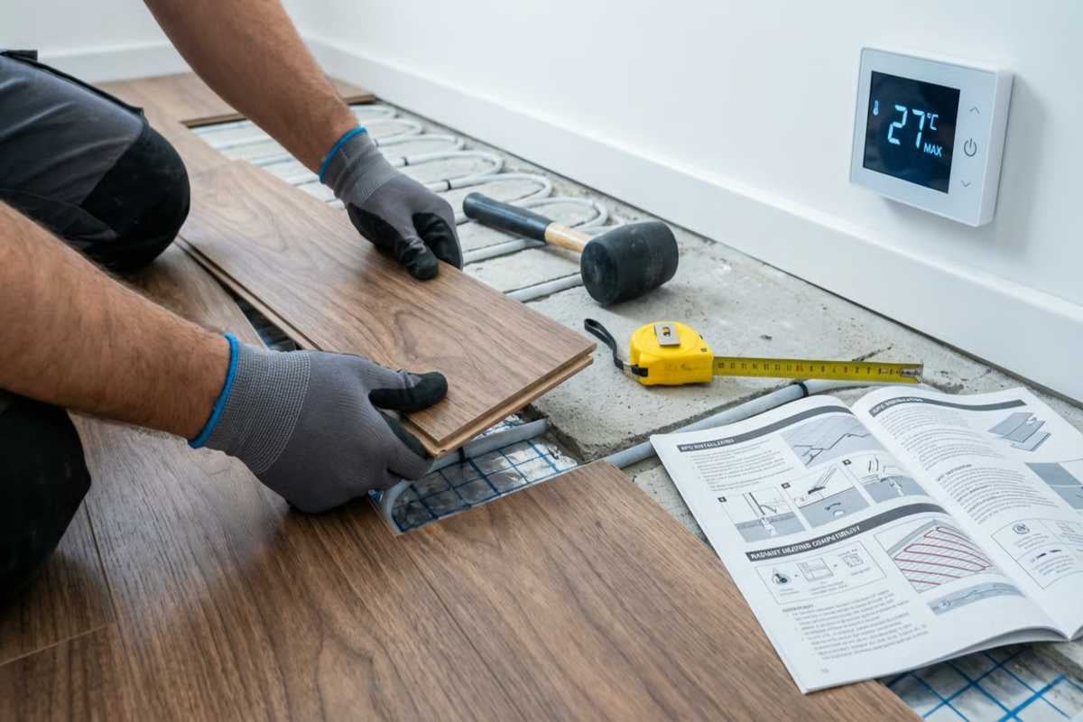 Instalarea parchetului laminat peste încălzire electrică în pardoseală. Pe jos sunt un ciocan de cauciuc, ruletă și instrucțiuni. Termostatul indică 27 grade.