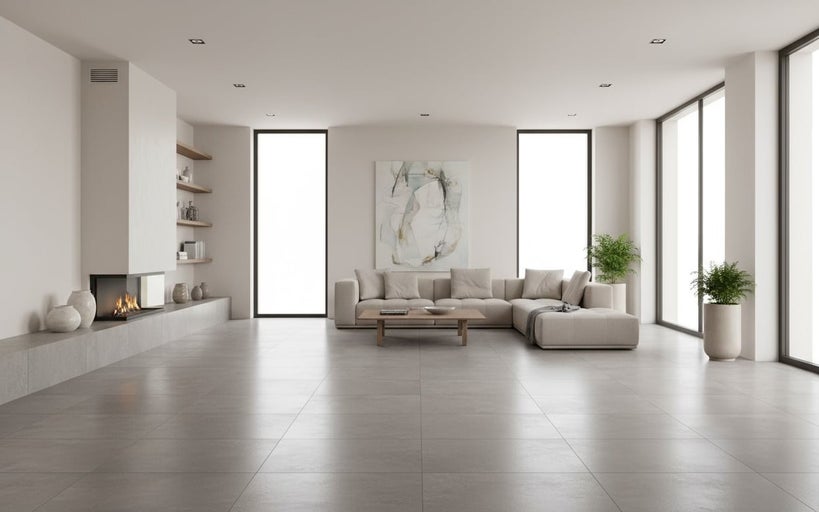 Living luminos cu șemineu, canapea, ferestre și plante