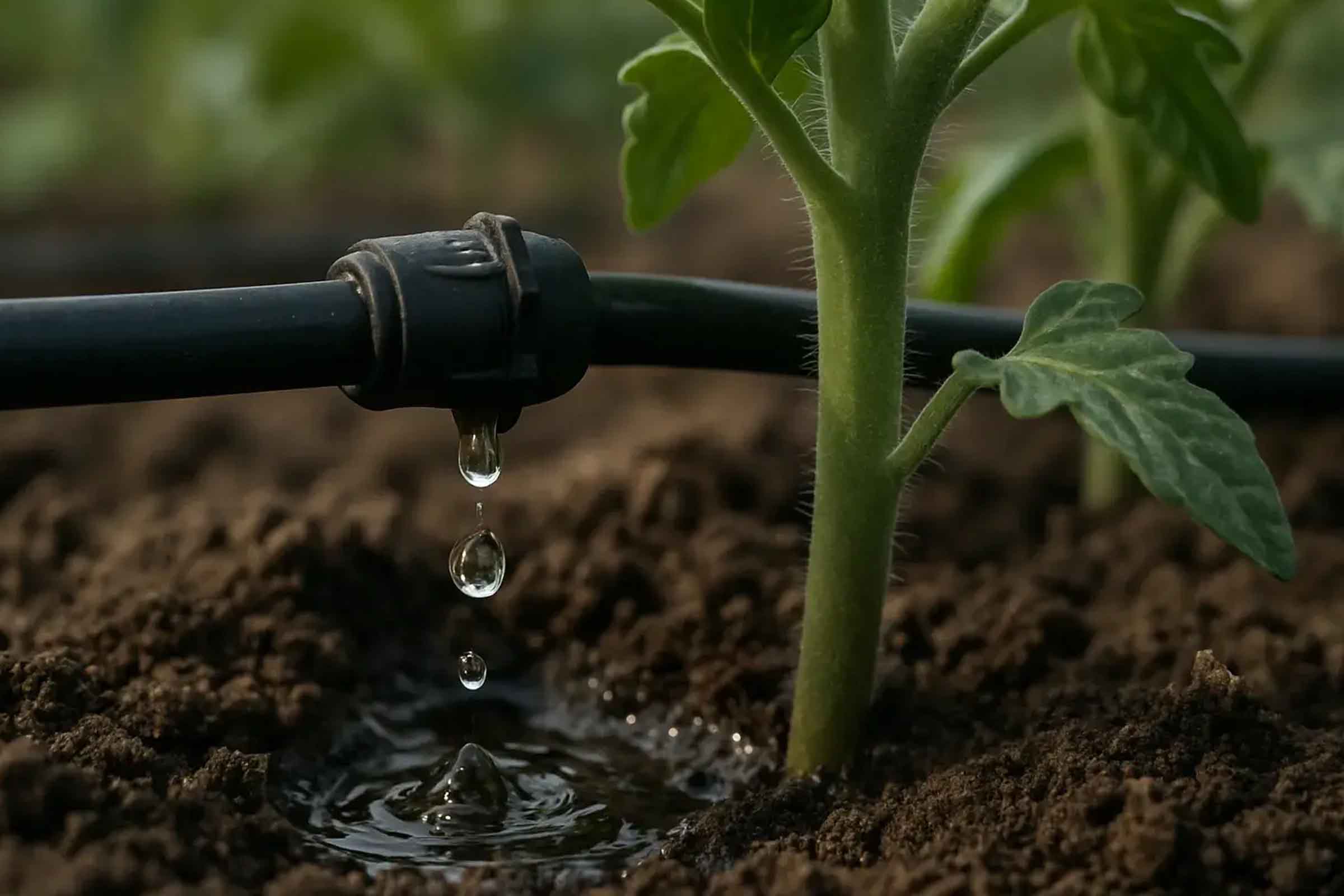 Sistem de irigare cu furtun de picurare și plantă de tomate în grădină