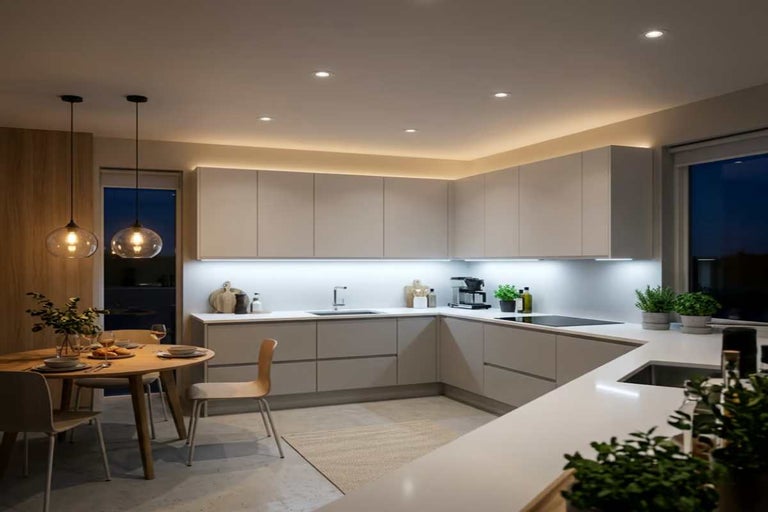 Bucătărie modernă în formă de L cu fronturi deschise, iluminare LED sub dulapuri, spoturi încastrate și două pendule deasupra mesei de dining.