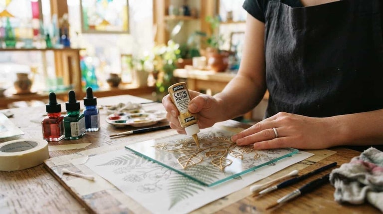 O persoană folosește pasta de contur Pebeo Cerne Relief pe o placă de sticlă într-un atelier de artizanat luminos și organizat.