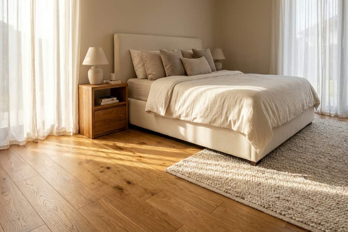 Dormitor cu pat dublu, noptieră, covor și perdele