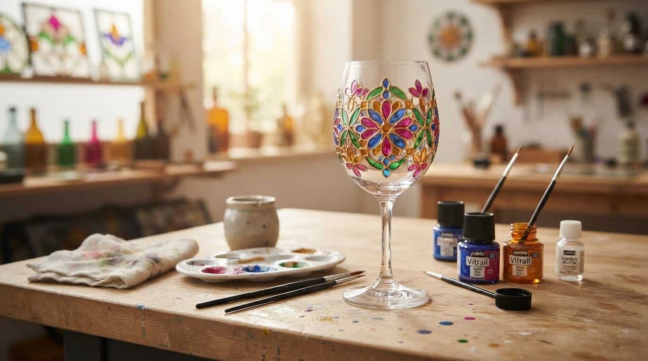 Un pahar de vin pictat cu model floral stă pe o masă de lemn cu vopsele pentru sticlă, pensule și o paletă într-un atelier.