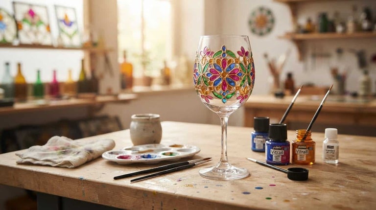 Un pahar de vin pictat cu model floral stă pe o masă de lemn cu vopsele pentru sticlă, pensule și o paletă într-un atelier.