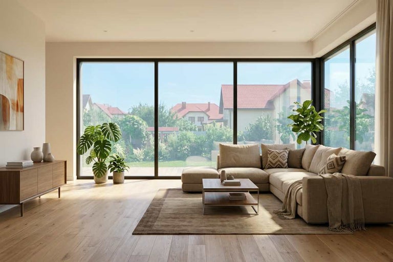 Cameră de zi modernă și luminoasă, cu geamuri mari, canapea de colț bej, podea din lemn și vedere spre grădină.