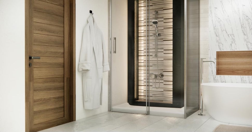 Baie modernă cu duș, cadă și ușă din lemn