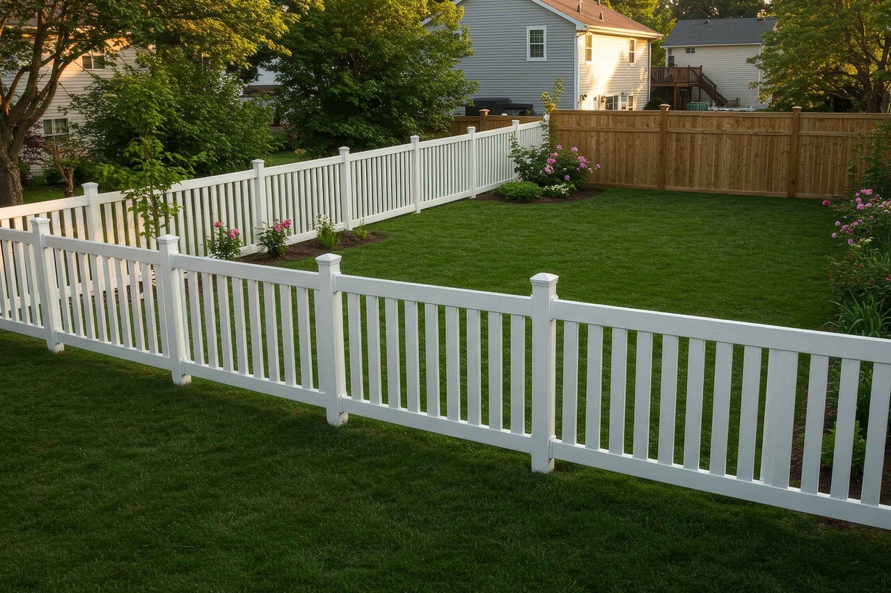 Grădină cu gard alb din scânduri și gazon