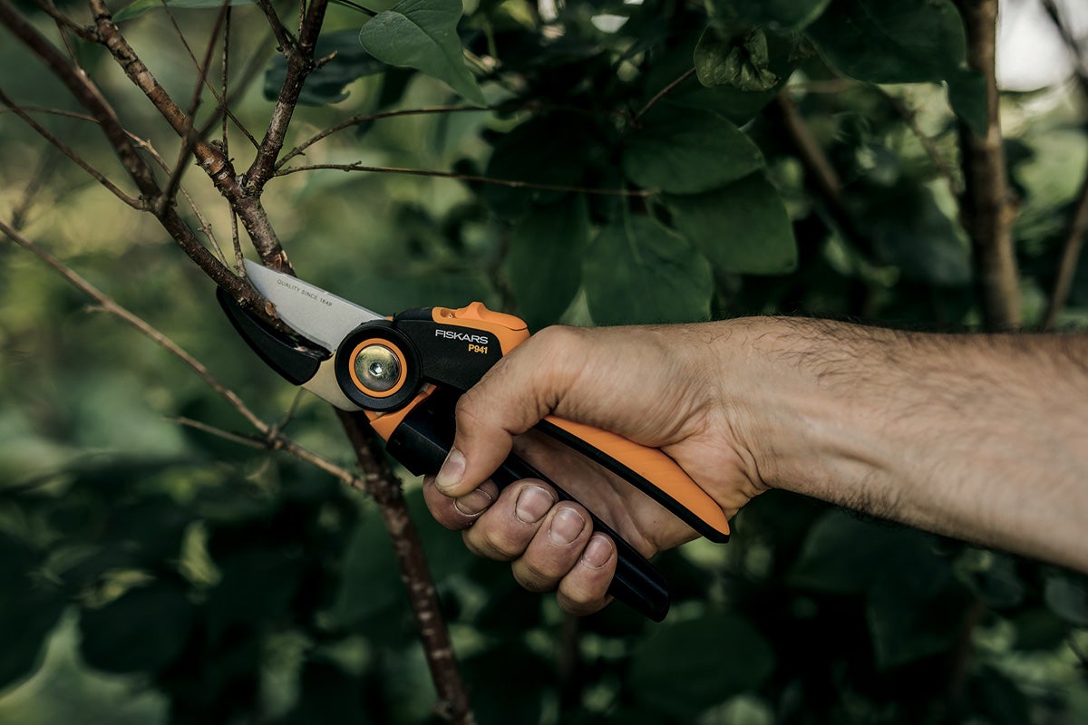 O mână taie o ramură cu o foarfecă de grădină Fiskars P941 bypass în grădină.