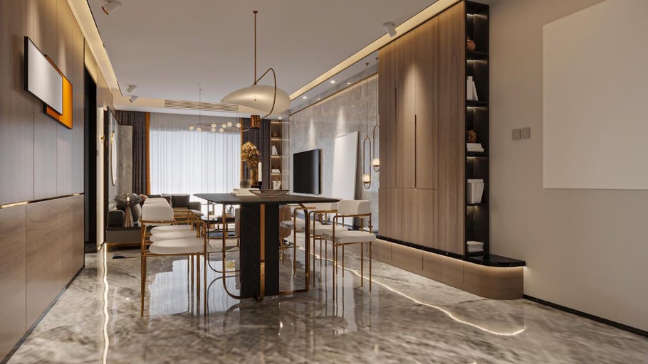 Fotografie de interior a unui living cu masă de sufragerie, scaune și rafturi