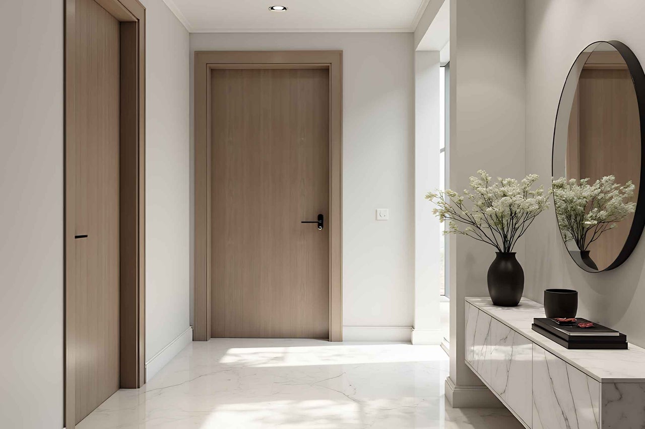 Hol de intrare cu două uși din lemn, o comodă, o oglindă rotundă și o vază cu flori