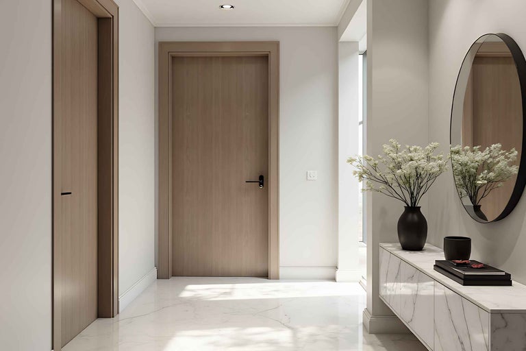 Hol de intrare cu două uși din lemn, o comodă, o oglindă rotundă și o vază cu flori