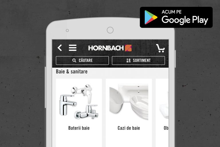 Aplicația Hornbach pe un smartphone cu categoria baie și sanitare