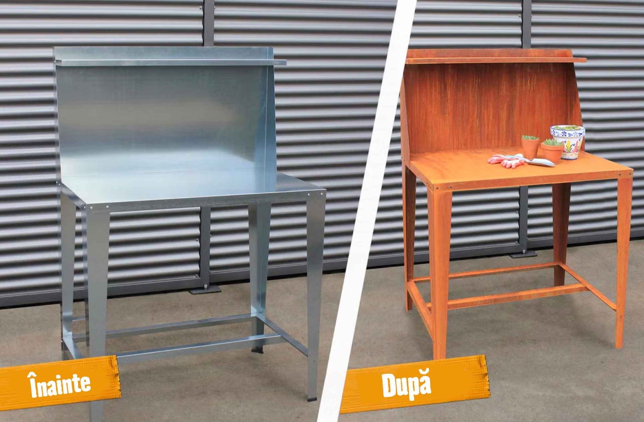 Compararea unei mese de grădinărit din metal înainte și după formarea unei patine de rugină.