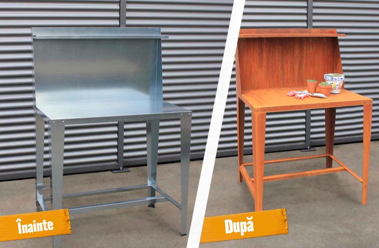 Compararea unei mese de grădinărit din metal înainte și după formarea unei patine de rugină.