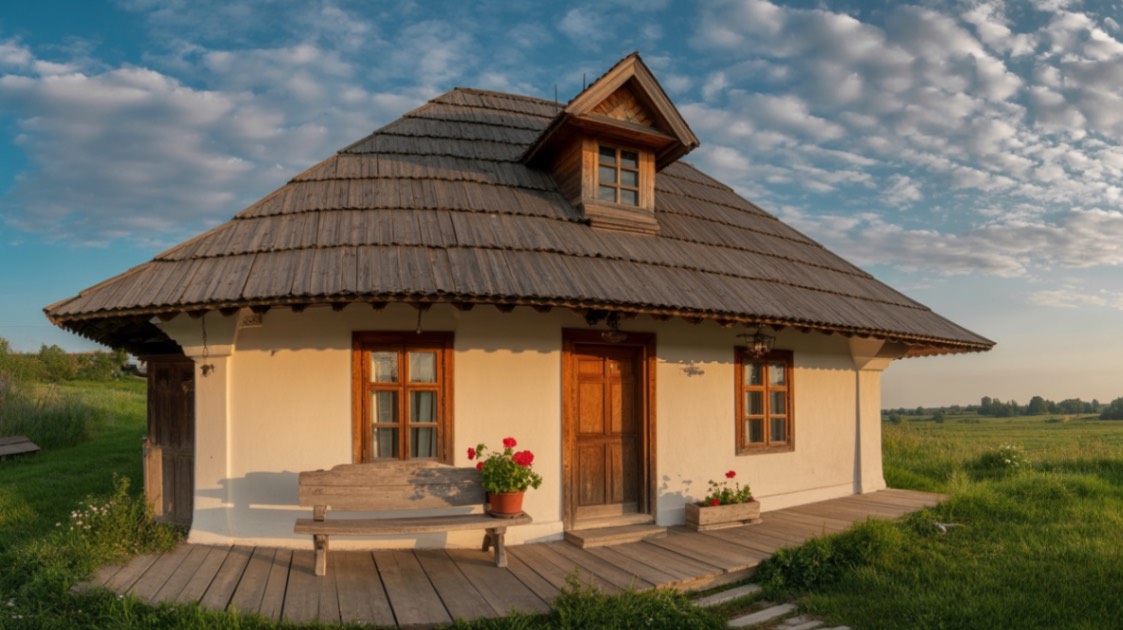 O casă tradițională de țară cu acoperiș de lemn, ferestre de lemn și bănci de lemn într-un cadru rural.