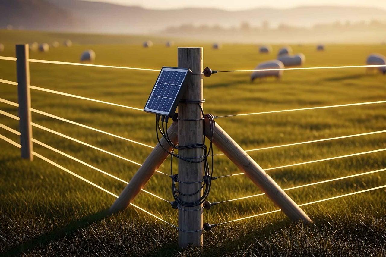 Generator de gard electric solar cu panou solar pe un stâlp de lemn pe o pășune de oi.