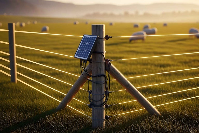 Generator de gard electric solar cu panou solar pe un stâlp de lemn pe o pășune de oi.