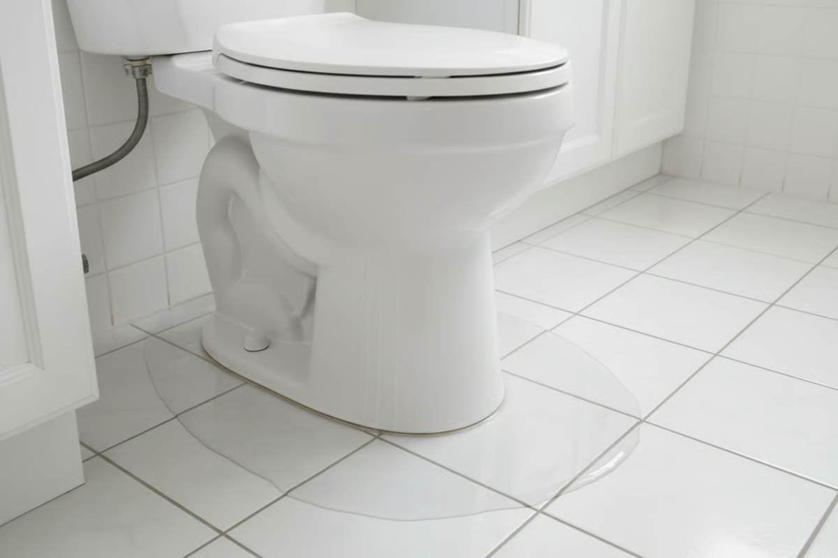 Vas de WC din ceramică montat pe podea cu o baltă de apă pe gresia din baie.