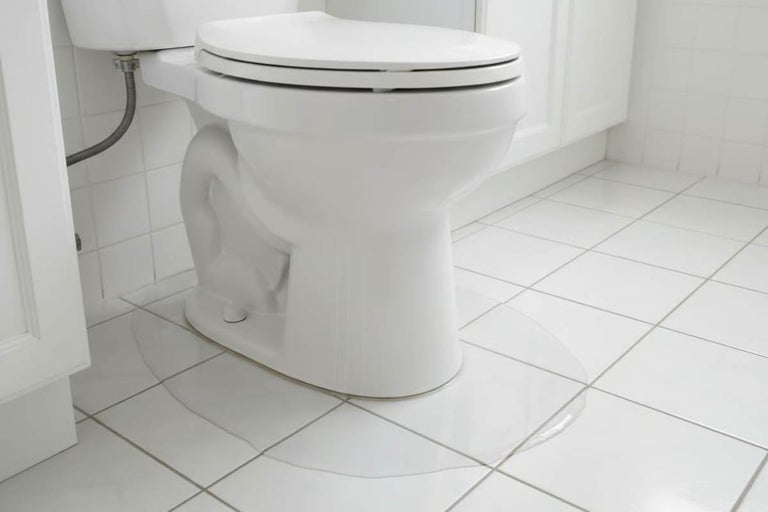 Vas de WC din ceramică montat pe podea cu o baltă de apă pe gresia din baie.