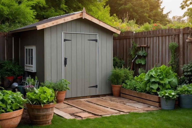 Scenă de grădină cu magazie de scule, ghivece de flori și legume de grădină.