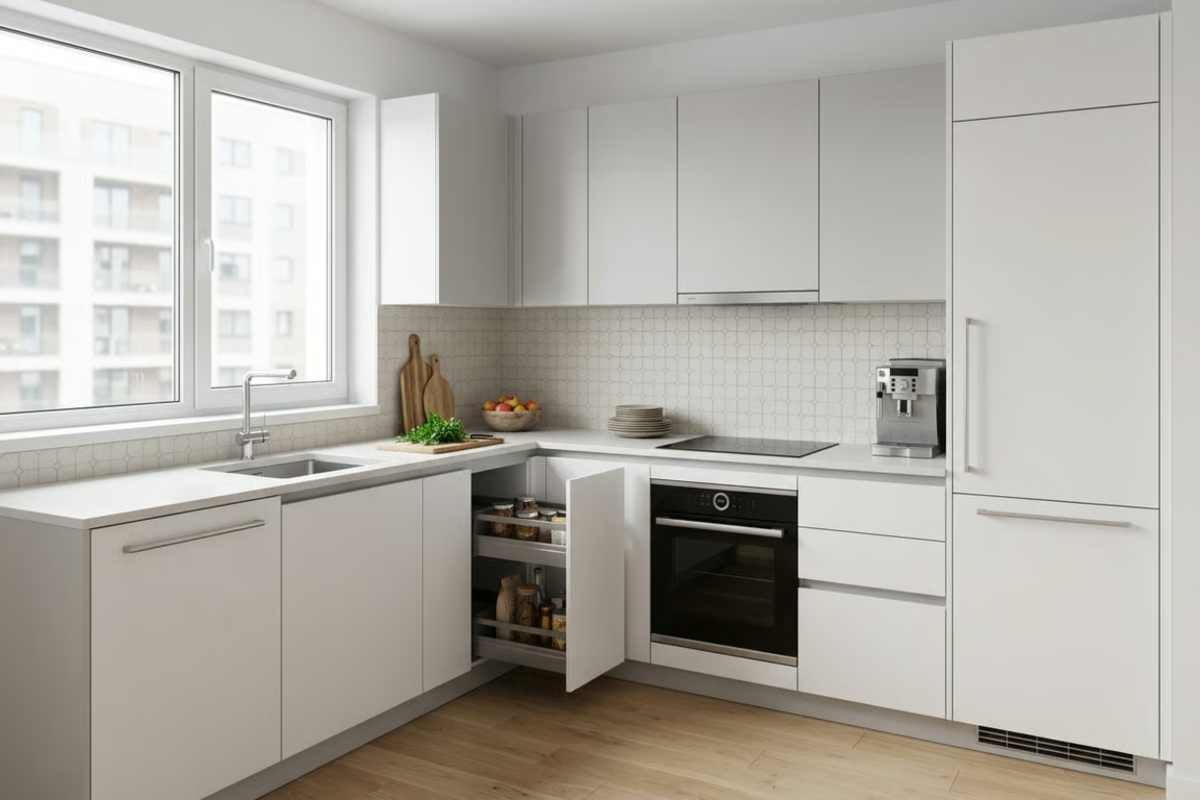 Bucătărie încorporată modernă în formă de L, albă, cu cuptor, plită, chiuvetă și un dulap de colț cu sistem extractibil.