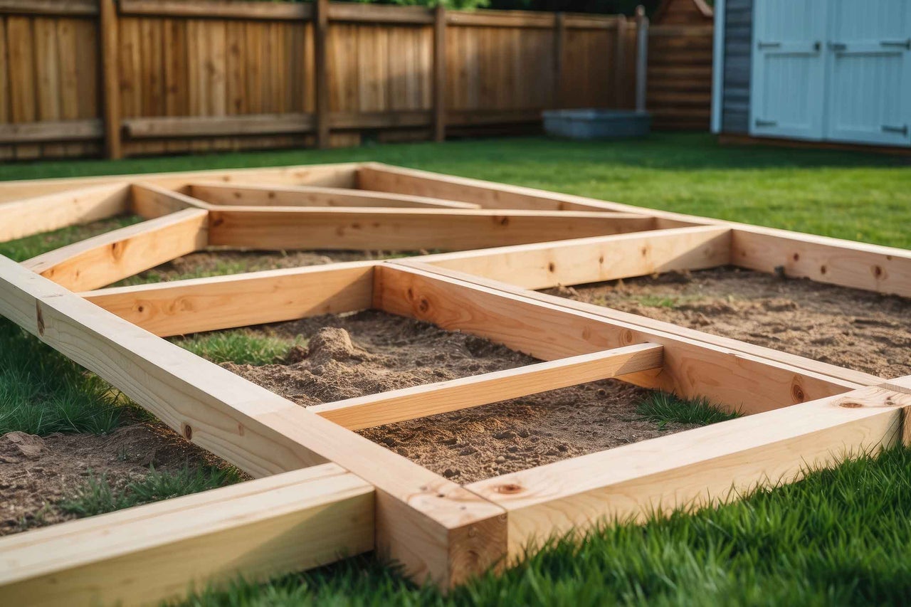 Construcție cadru din lemn pe gazon pentru proiect de grădină