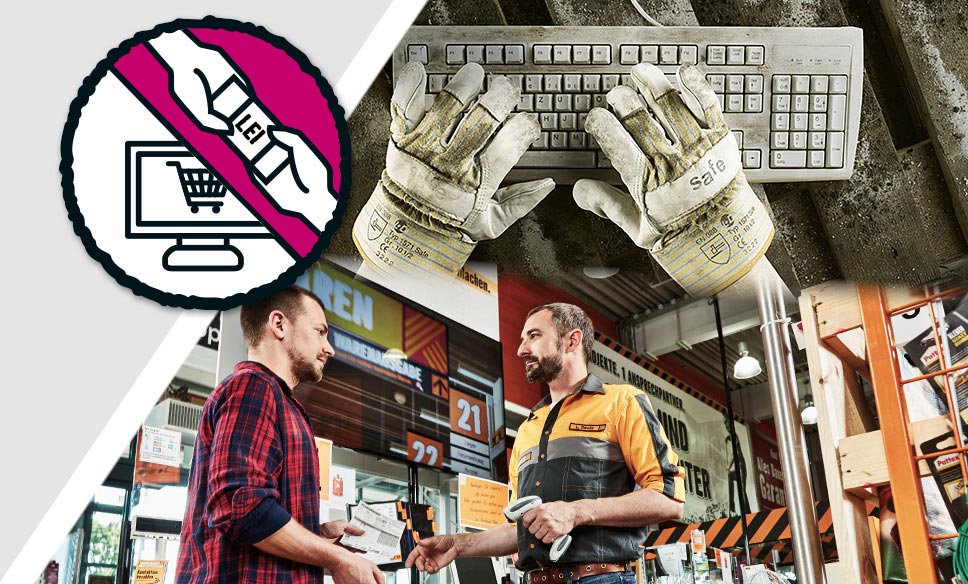 Simbol pentru rambursare online, tastatură murdară cu mănuși de lucru, clienți care discută cu un angajat Hornbach
