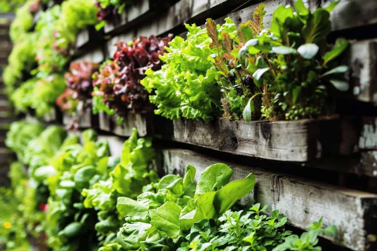 Grădină verticală cu salată în cutii de lemn