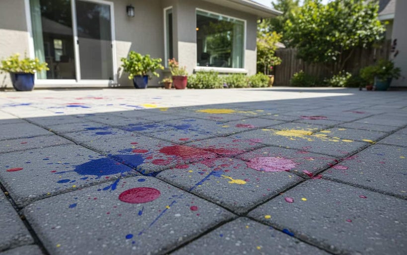 Curte pavată cu pete de vopsea, casă în fundal.