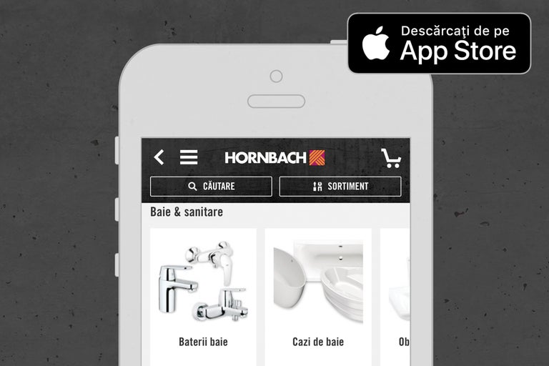 Aplicația Hornbach pe un smartphone cu categoria baie și obiecte sanitare