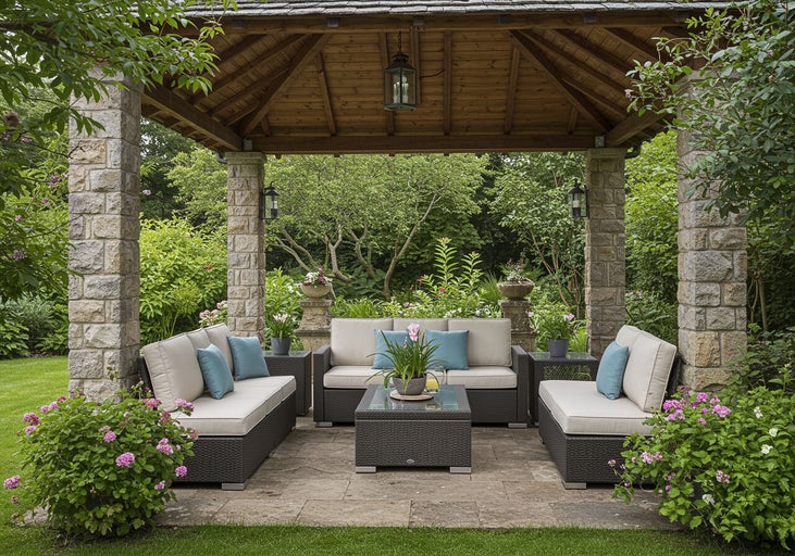 Grup de relaxare sub un pavilion cu stâlpi de piatră și tavan din lemn, inclusiv canapele, fotolii și măsuță de cafea