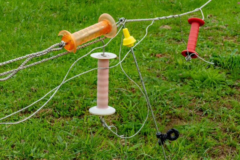 Diverse mânere pentru poartă gard electric pe fire de gard pe o pășune.