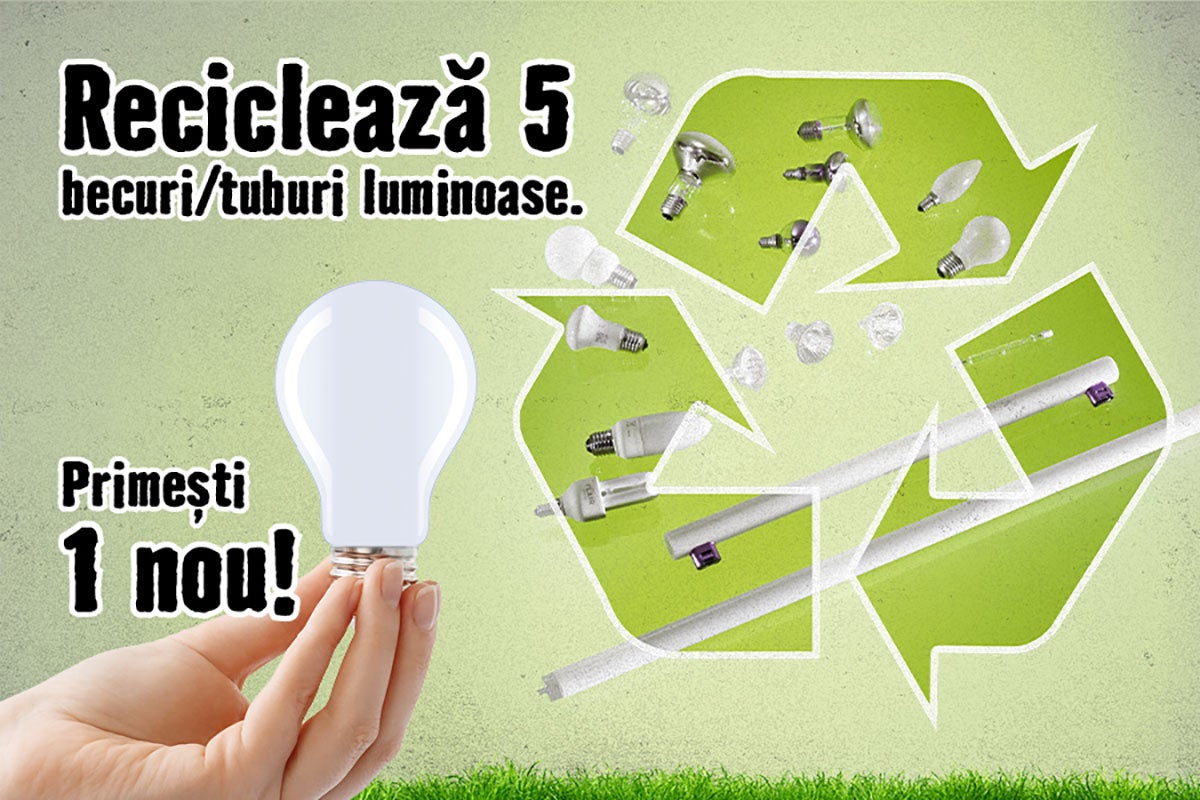 Promoție reciclare: reciclează 5 becuri sau tuburi luminoase și primești 1 nou. Mână care ține un bec lângă un simbol de reciclare.