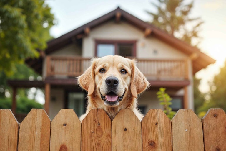 Un golden retriever se uită peste un gard din lemn