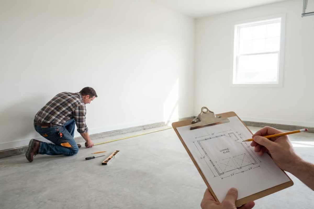 Bărbat măsoară camera cu ruleta și creează un plan de construcție pe o планшетă