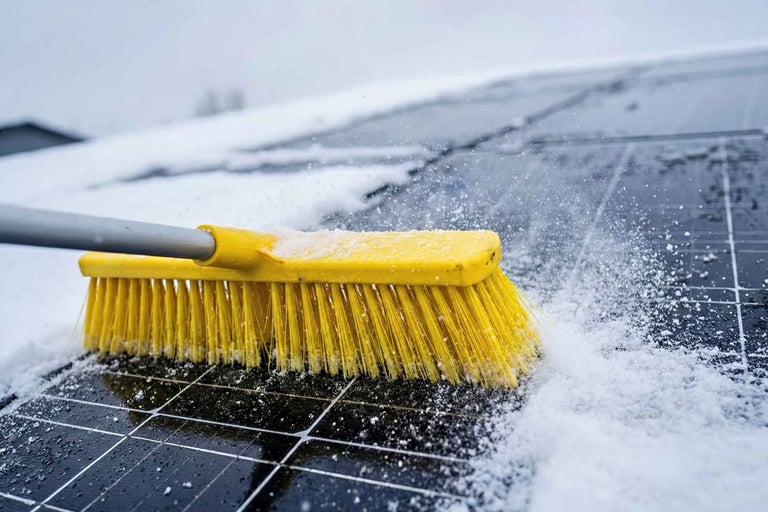 O perie îndepărtează zăpada de pe un panou solar.