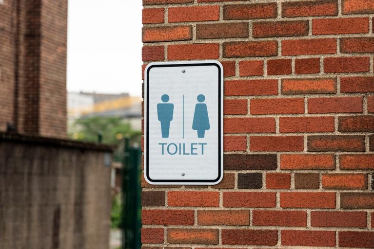 Indicator toaletă cu simboluri pentru bărbați și femei și textul Toilet pe un perete de cărămidă.